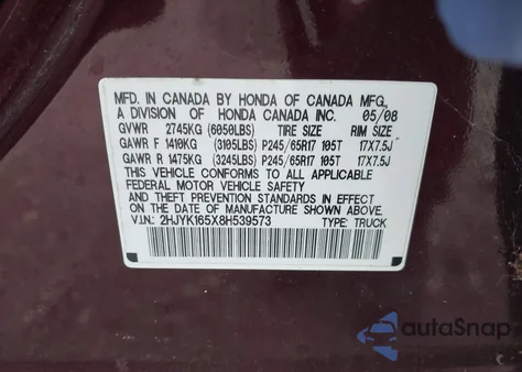 2008 Honda Ridgeline Rtl z USA, uszkodzony, nr VIN 2HJYK165X8H539573